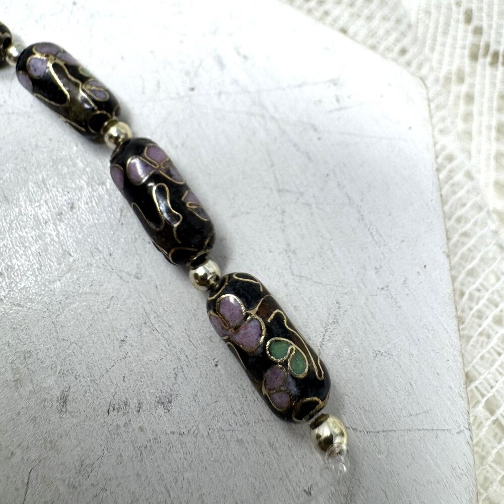 Vintage Cloisonné Black Bead Strand With Purple & Green Floral Design Accents